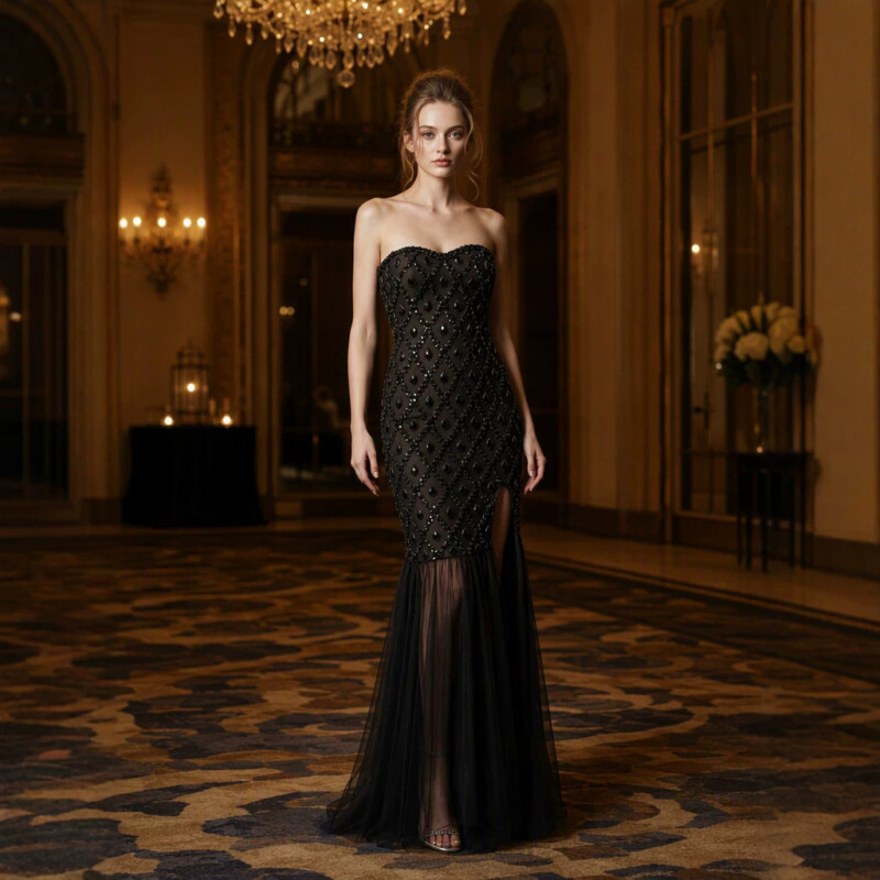 Rhinestone Maxi Evening | Polyester Knit
