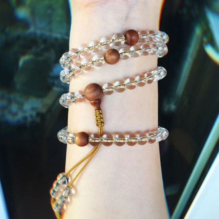 A Natural White Crystal 108-bead Mala Bracelet With Sandalwood Guru Be | Premium Knit