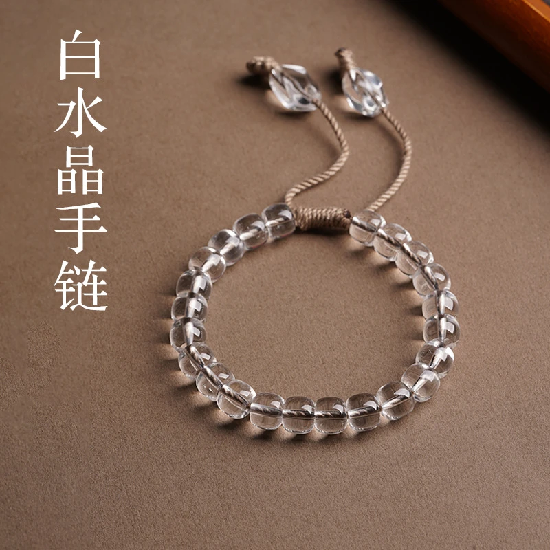 Natural White Crystal Barrel Bead Bracelet With Hemp Rope, Adjustable, | Premium Knit