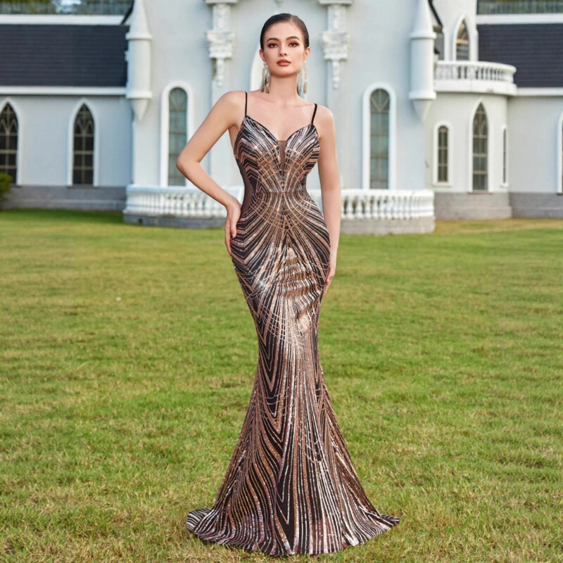 Rose Gold Spaghetti Strap Rhinestone Maxi Fitted | Polyester–Spandex Knit