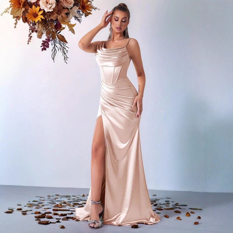 Champagne Spaghetti Strap Maxi Mermaid | Polyester Knit