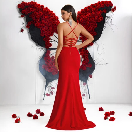 Red Spaghetti Strap Off-shoulder Fitted 2