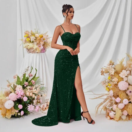Dark Green Sequin Slim Strapless Dress 2