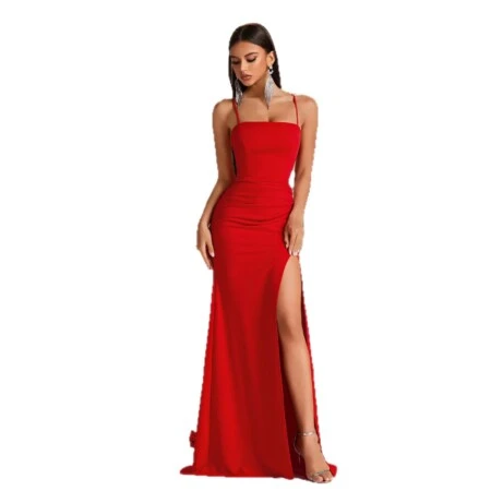 Red Spaghetti Strap Off-shoulder Fitted 5
